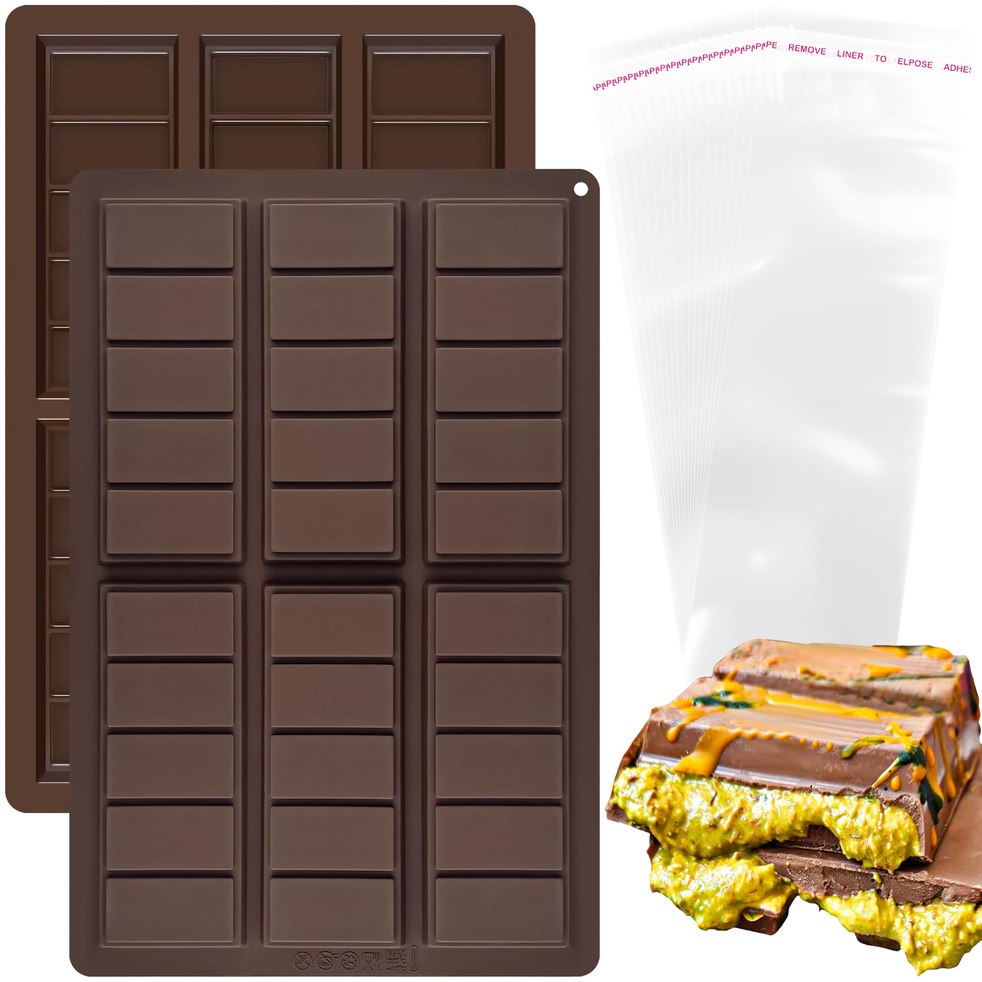Photo 1 of 6 Cavities Chocolate Bar Molds Deep Silicone Chocolate Molds for Stuffed Bar, Filling Knafeh Pistachio Chocolate Bar Rectangle Wax Melt Candles Molds with 100Pcs Bags (5 Snap) 2Pack
