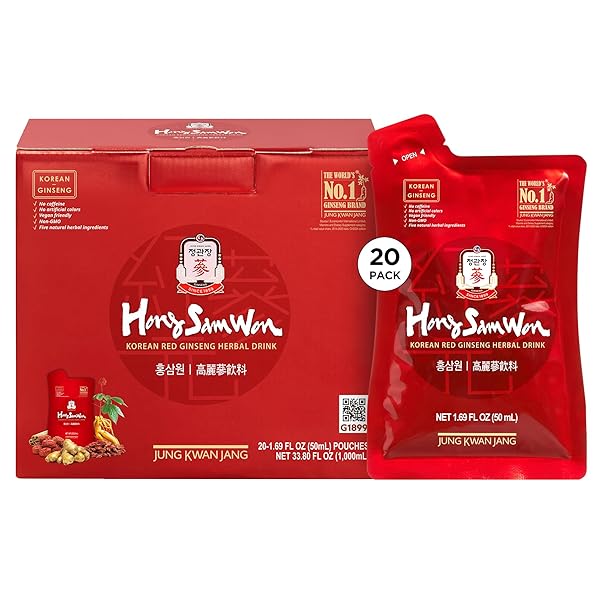 HONGSAMWON KOREAN RED GINSENG DRINK | ENERGY DRINK, PRE WORKOUT, HERBAL TEA, GINSENG SUPPLEMENT | KOREAN RED GINSENG EXTRACT, JUJUBE, GINGER, CINNAMON, GOJI BERRY | VEGAN FRIENDLY | 20 COUNT