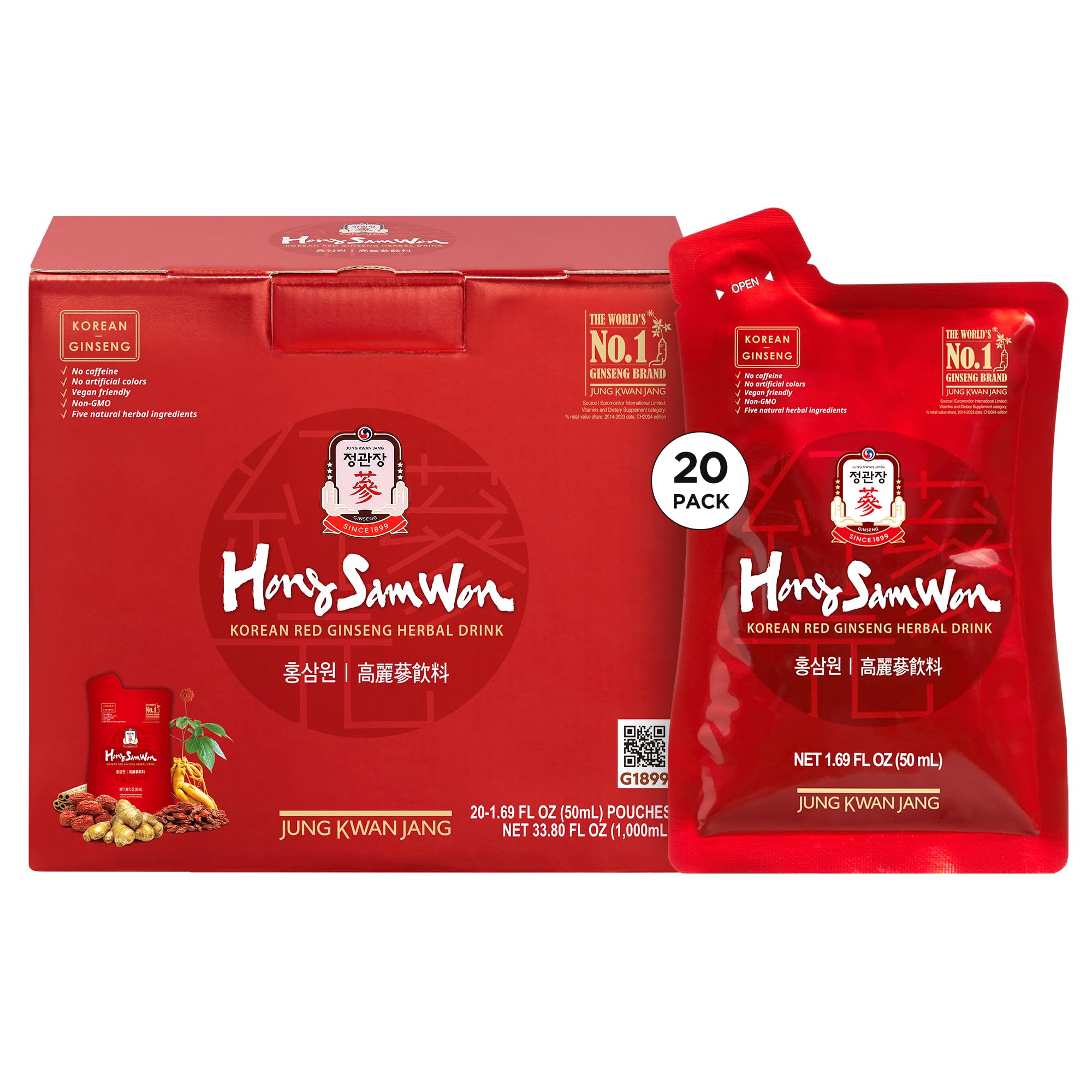 JUNG Kwan Jang Hong Sam Won Korean Red Ginseng Drink | Energy Drink, Pre Workout, Herbal Tea, Ginseng Supplement | Jujube, Ginger, Cinnamon, Goji Berry | Vegan Friendly (20 Count)