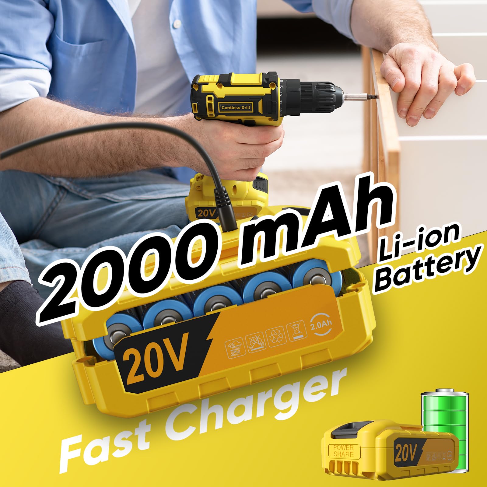 FAHEFANA Cordless Drill, 20V Power Drill with 25+1 Max 370 in-lb Torque, Electric Screwdriver Driver with Battery and Charger, 3/8