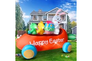 NSANGU 6 FT Easter Inflatables Outdoor Decorations - Blow Up Bunny on Carrot Cart with Easter Eggs Yard Decoration Build-in LEDs Lights Blow Up Yard Decoration for Decor Holiday Party Lawn, Garden