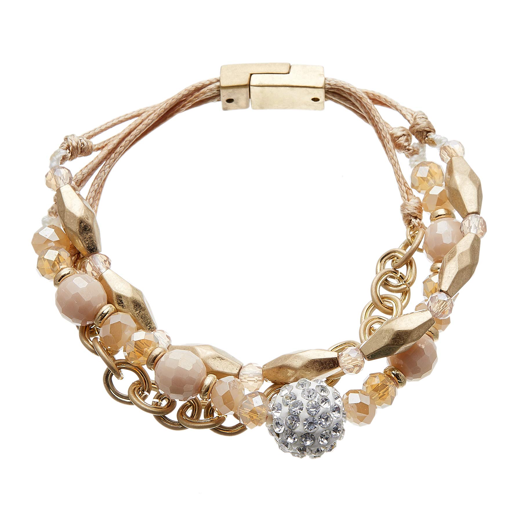 Bello London Antique matt gold plated magnetic clasp bracelet with a crystal ball and pink beads - Jo