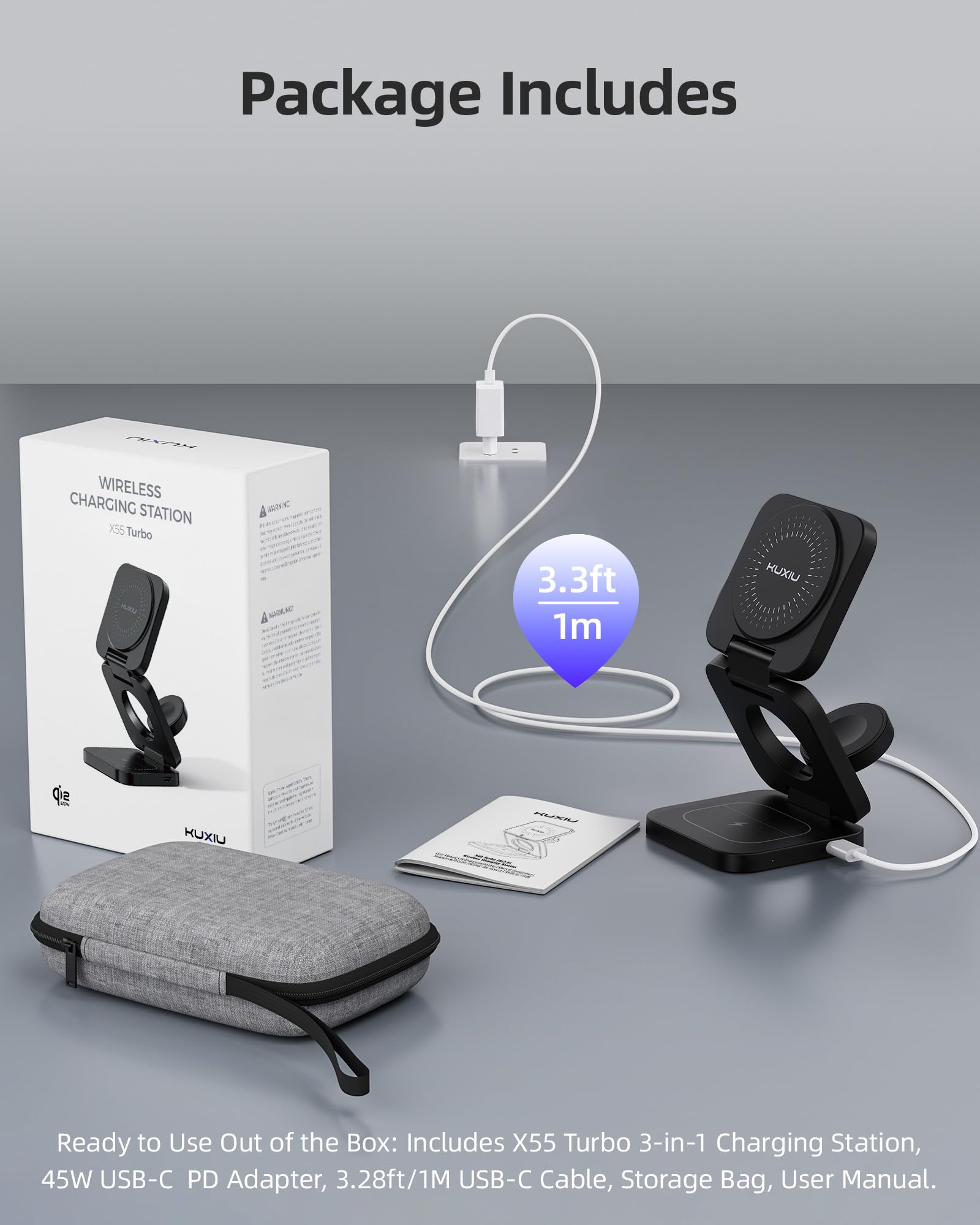 KU XIU X55 Turbo Qi2.2 25W Ladestation für Magsafe, Faltbar 3 in 1 Ladestation für Apple Watch und iPhone 17-12 & AirPods, Magnetisches Ladegerät Ständer Reise Wireless Charger, 45W Adapter, Schwarz 8