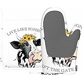 Mxocom Live Like Someone Left The Gate Open Heat-Resistant Oven Mitts and Pot Holder Black White Optimism Milk Cow Sunflower Kitchen Non-Slip Cooking Microwave Gloves for Cooking Baking Grilling