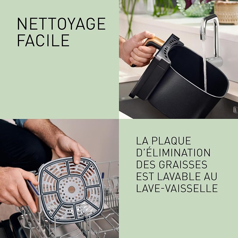 NF-CC600AXE AirFryer Friteuse sans huile avec Hublot, 5L, 80-200°C, Minuterie Numérique et Écran LCD, Vapeur Douce, 11 Préréglages, Nettoyage Facile, Noir/Bleu Foncé et Poignée Or Rose