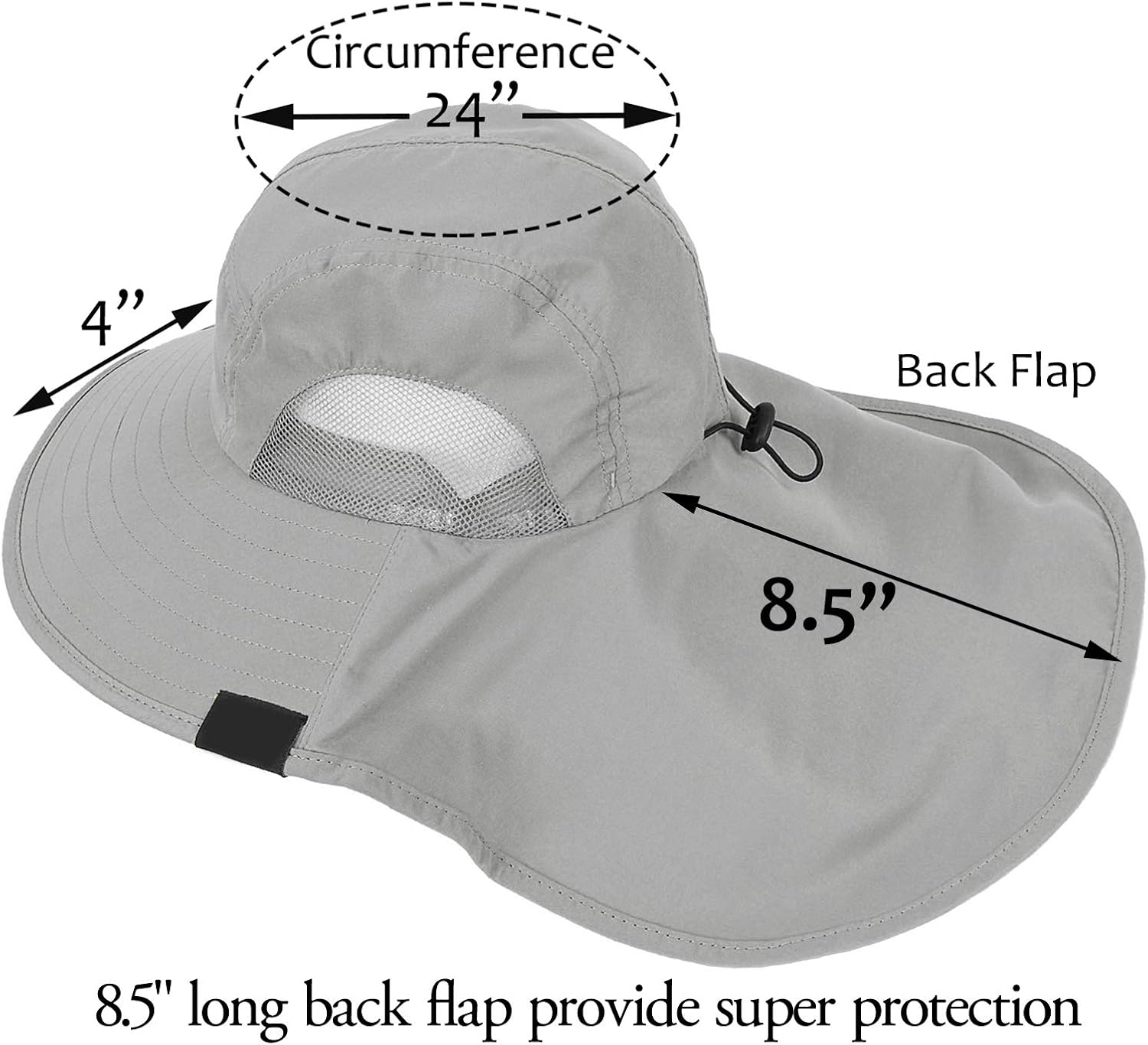 Mens Wide Brim Sun Hat with Neck Flap Fishing Safari Cap for Outdoor Hiking Camping Gardening Lawn Field Work, Grey: Clothing
