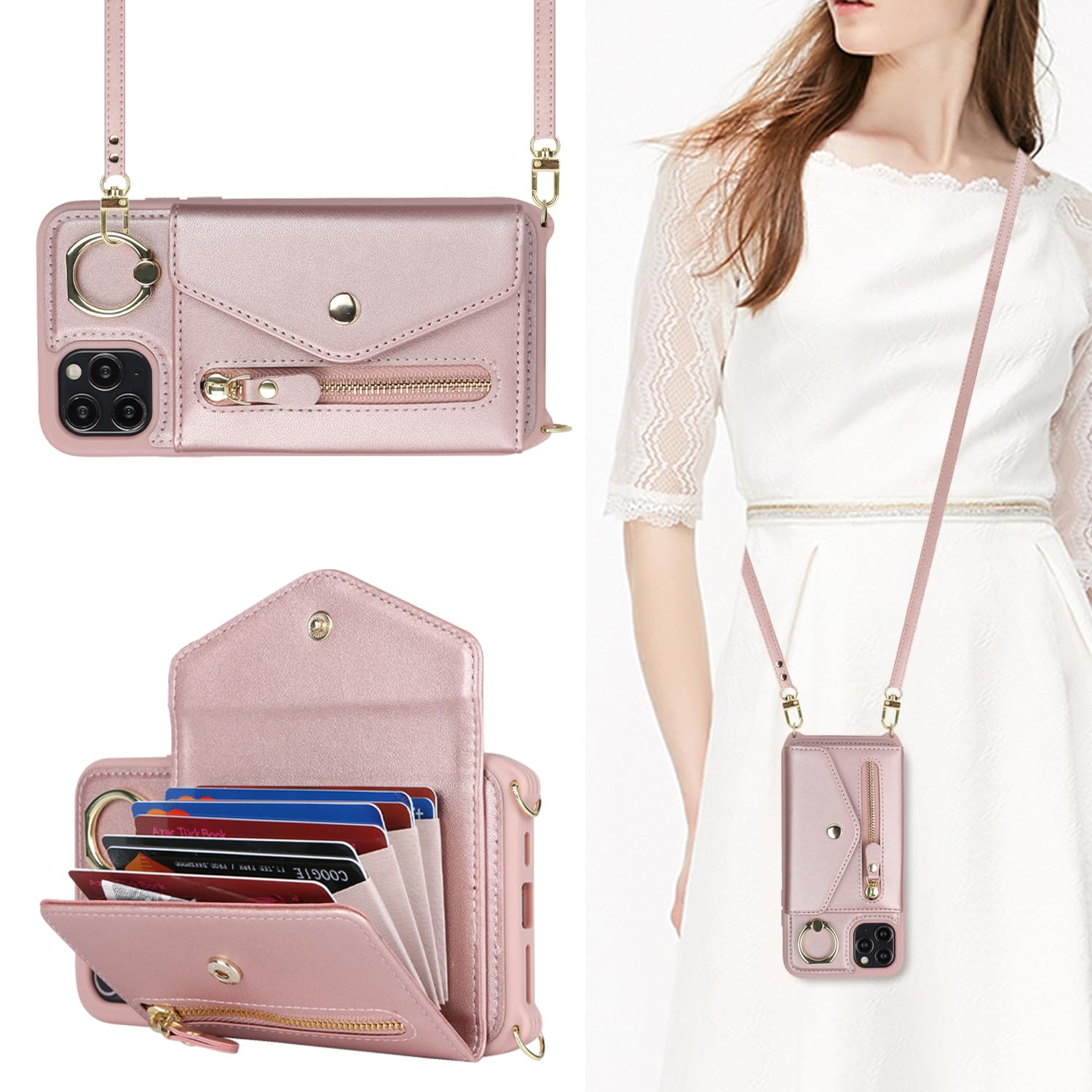 SailorTech iPhone 11 Case with Zipper Card Holder - Leather with Stand - Rose Gold