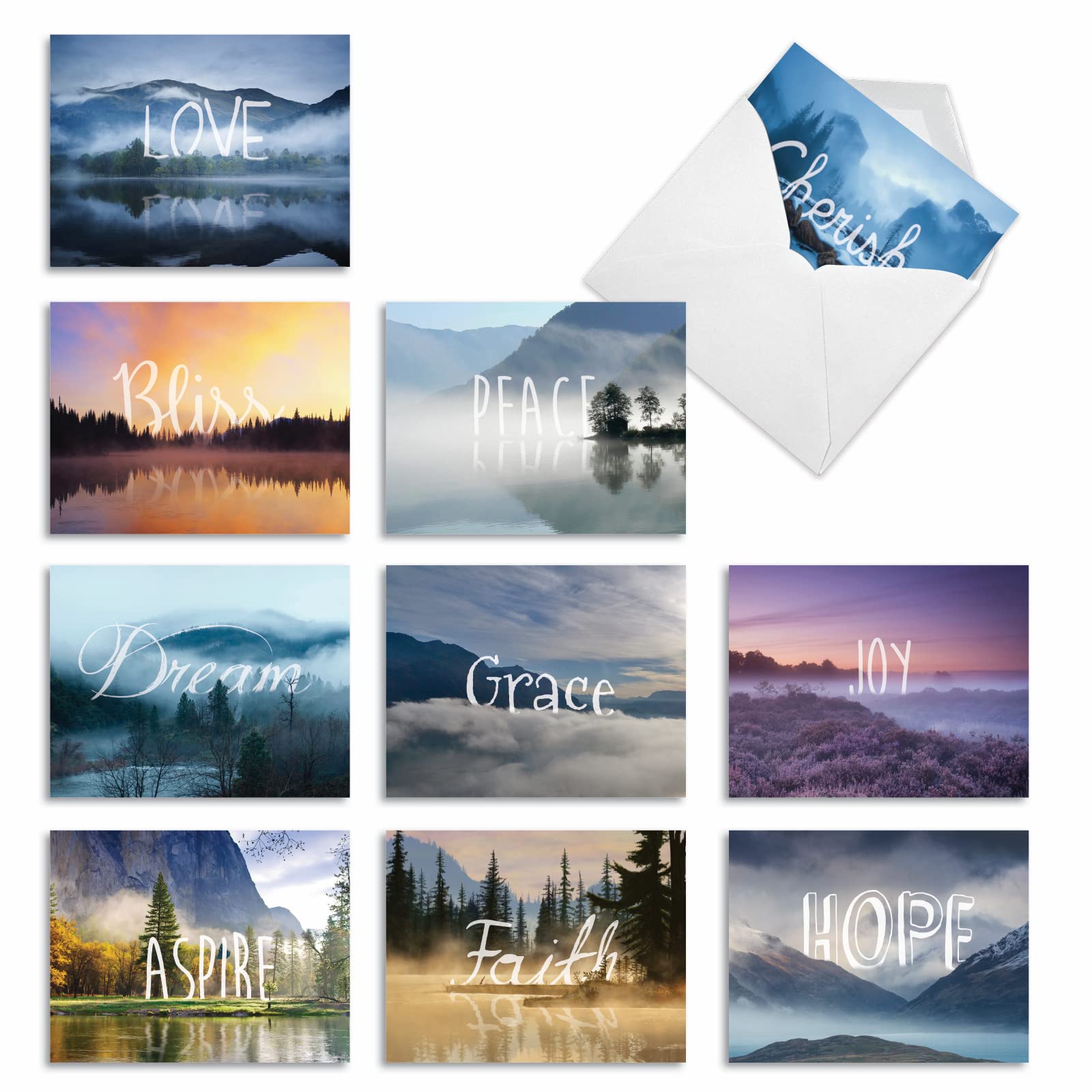 M6581TYG Wordscapes: 10 Assorted Thank You Note Cards Featuring Inspirational Words Set in Both Serene and Majestic Landscapes, w/White Envelopes.