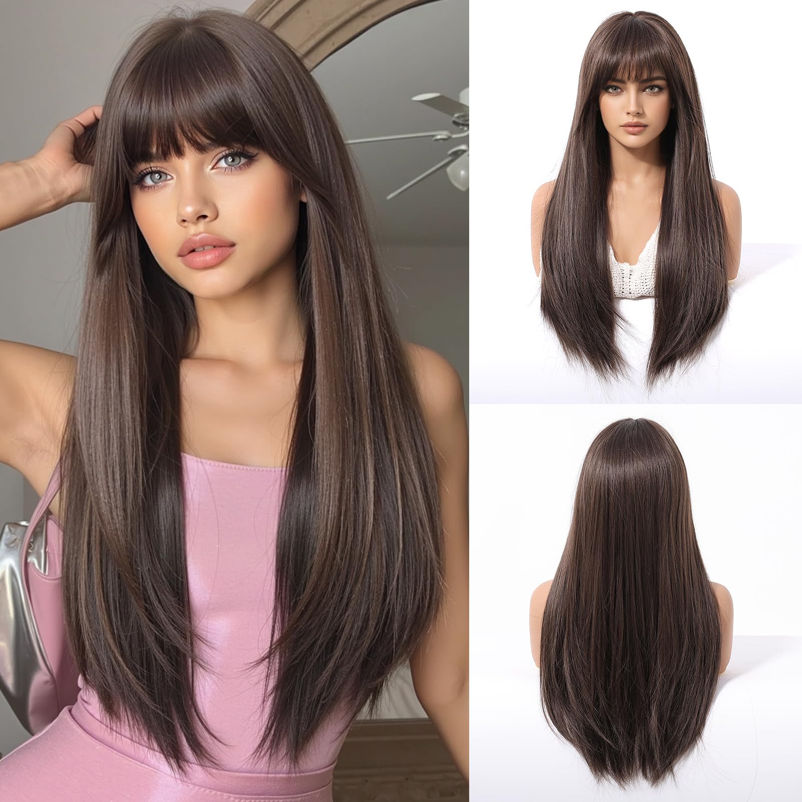 Photo 1 of ***CURLY HAIR*** Novastel Long Straight Black Hair with Bangs Layered Wigs Human Hair for Women Breathable Lightweight Natural Look Party Daily Use (Chocolate Brown,26 Inch)