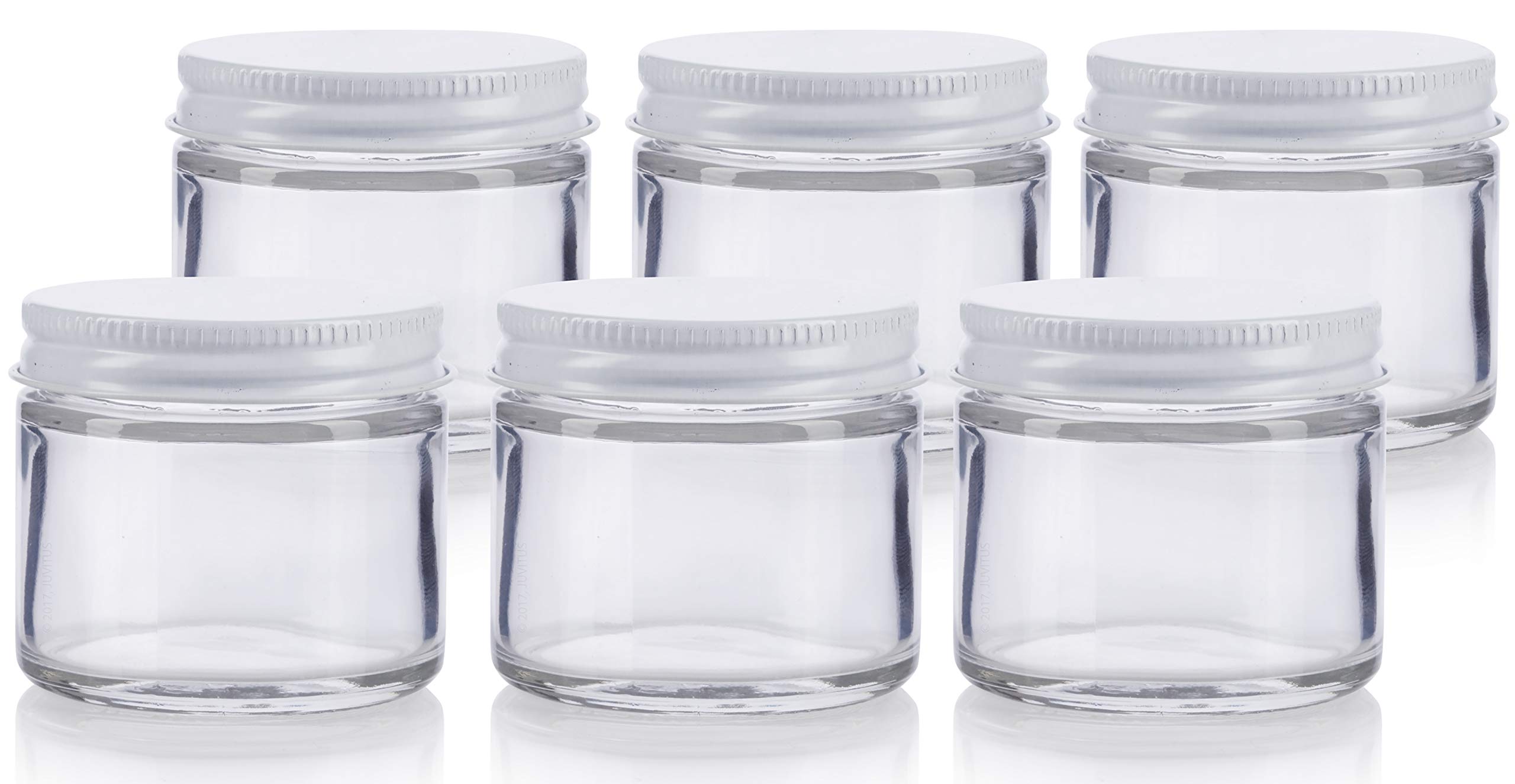 JUVITUS (6 pack) 2 oz / 60 ml Clear Thick Glass Jar with White Metal Airtight Lid