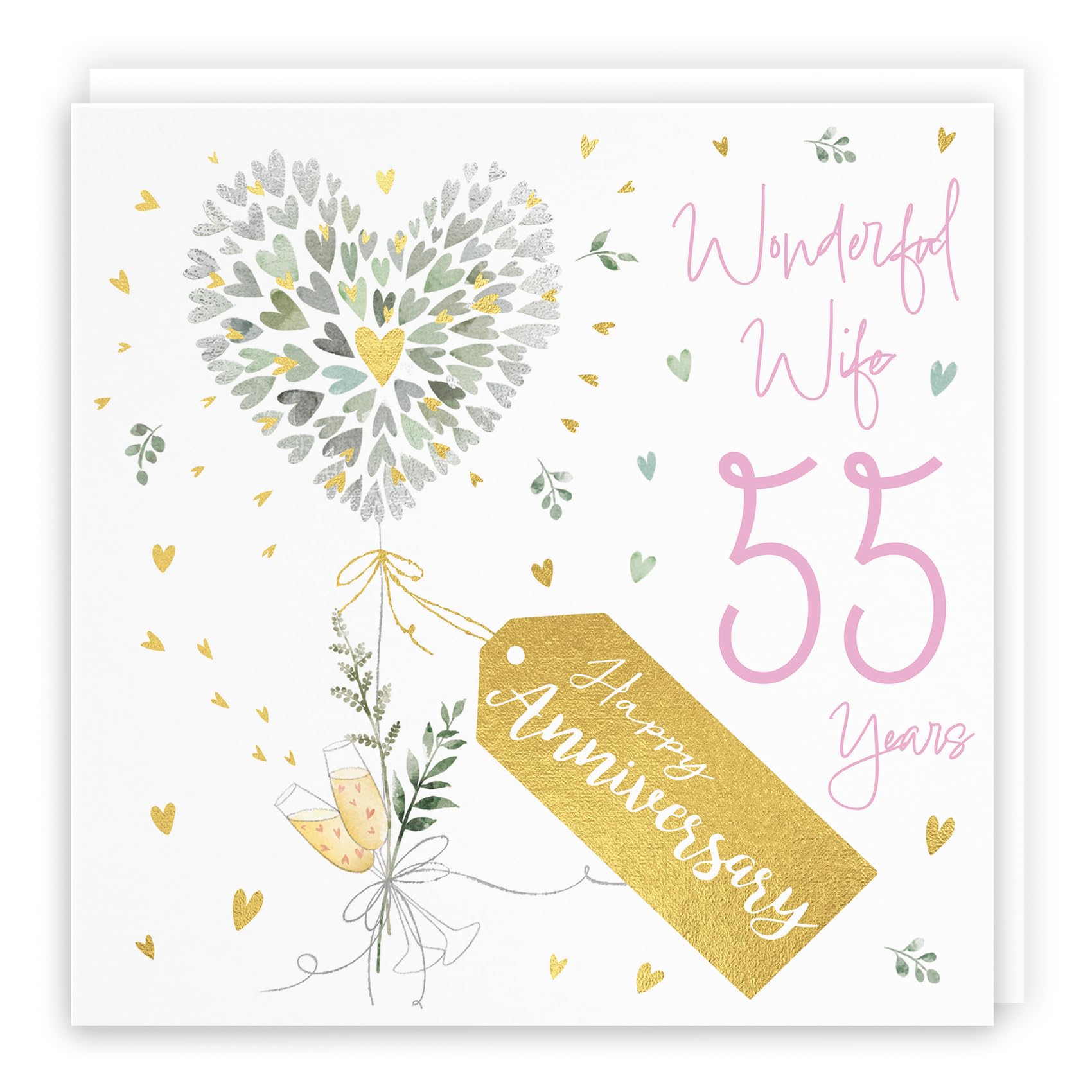 Hunts England - 55th Wedding Anniversary Card for Wife - Happy Anniversary - Contemporary Hearts, Gold Foil - Luxury