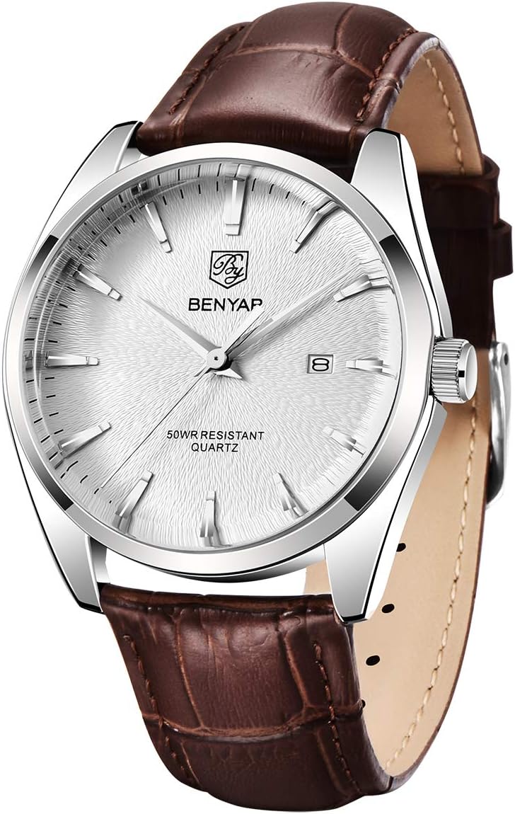 BENYAR - Stylish Wrist Watch for Men, Genuine Leather Strap Quartz Movement, Waterproof and Scratch Resistant, Analog Quartz Business Watches
