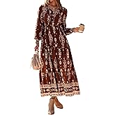 BTFBM Women's Fall Wedding Guest Dresses 2025 Casual Floral Long Sleeve V Neck Front Tie Flowy Boho Maxi Dress Pockets