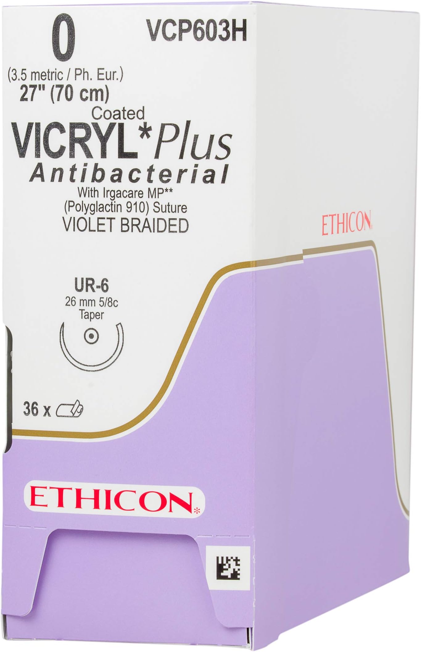 Ethicon VCP603H Coated Vicryl Plus Antibacterial, Suture, Synthetic Absorbable, UR-6, 5/8 Circle Needle, Size 0, 27" Size