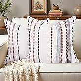 Lunofox Boho Throw Pillow Covers 18x18 Set of 2, Soft Chenille Striped Decorative Cushion Covers for Couch Sofa Bedroom Living Room, Neutral Brown Black White