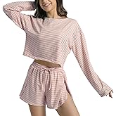 Allmloers Womens Split Short Pajama Set Striped Crewneck Long Sleeve Shirt and Side Slit Shorts Set 2 Piece Cotton Pjs Set