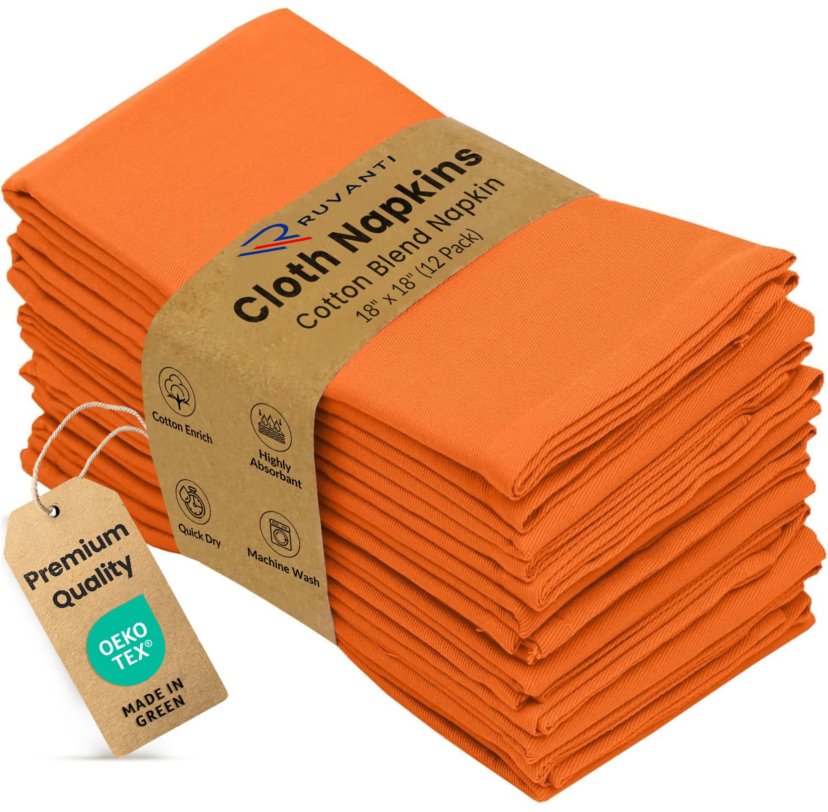 Ruvanti Cloth Napkins 12 Pack 18X18 Inch Dinner Table Napkins, Soft, Comfortable Cotton Enrich, Orange Napkins, Washable & Reusable Linen Napkins for Christmas, Dinner, Weddings, Bar, Cocktail Party.