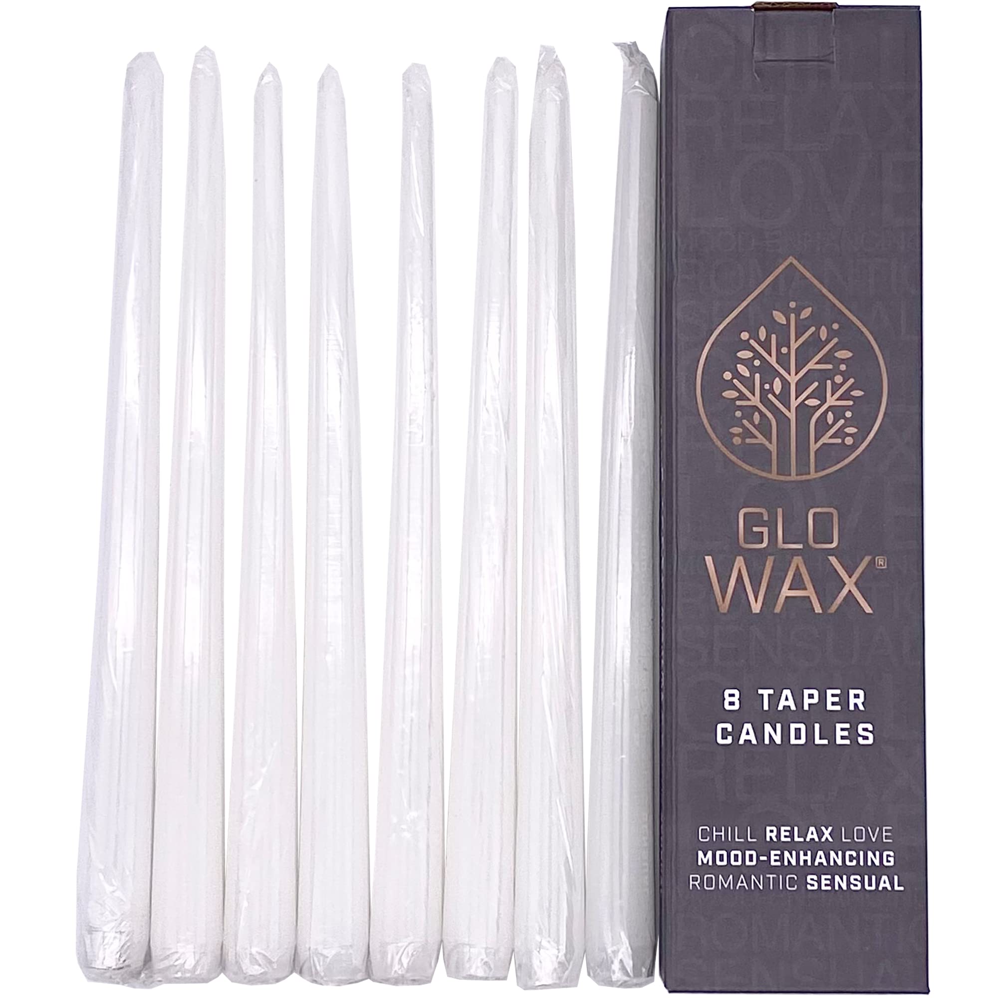 Glo Wax Taper Candles Beautiful Pack Decorative Mood-Enhancing Romantic Relax Unscented Dinner Candles 8 Hour Burn Time, 2.2 x 30cm (8 Pack, White)