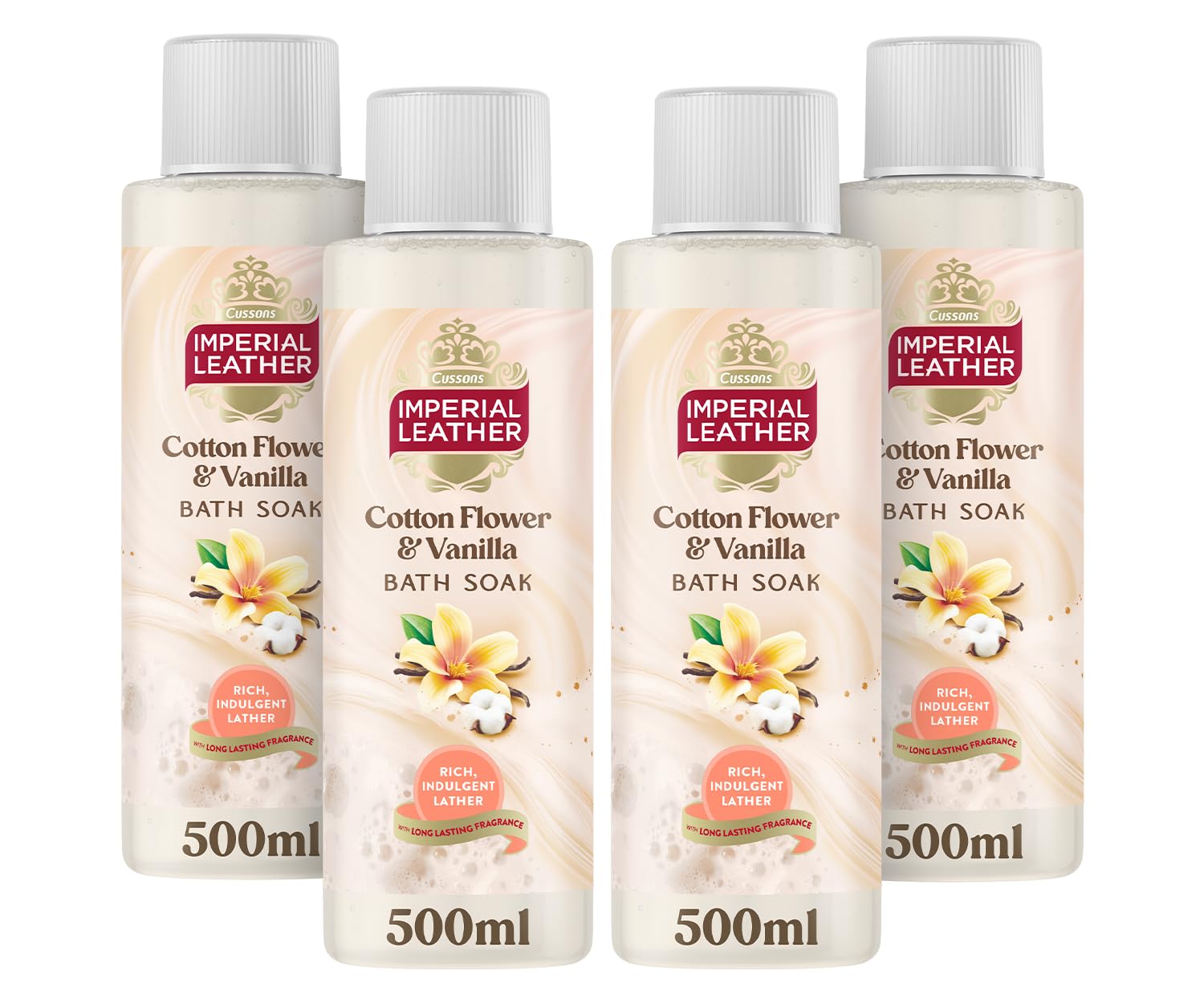 Imperial Leather Moisturising Bath Soak, Cotton Flower & Vanilla Orchid, Rich & Creamy Bubble Bath, Gentle Body Skin Care, Bulk Buy, Pack of 4 x 500ml