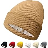 PFFY Satin Lined Beanie for Women Silk Lining Soft Winter Hats Reduce Frizz Knit Beanies Warm Skull Cap