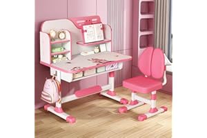 LEAQU Kids Desk and Chair Set, Study Table and Chair, Desk for Kids, Children's Desks with Golden Distance Design, Homeschooling Writing Desk with Desktop for Boys and Girls (Pink 3)