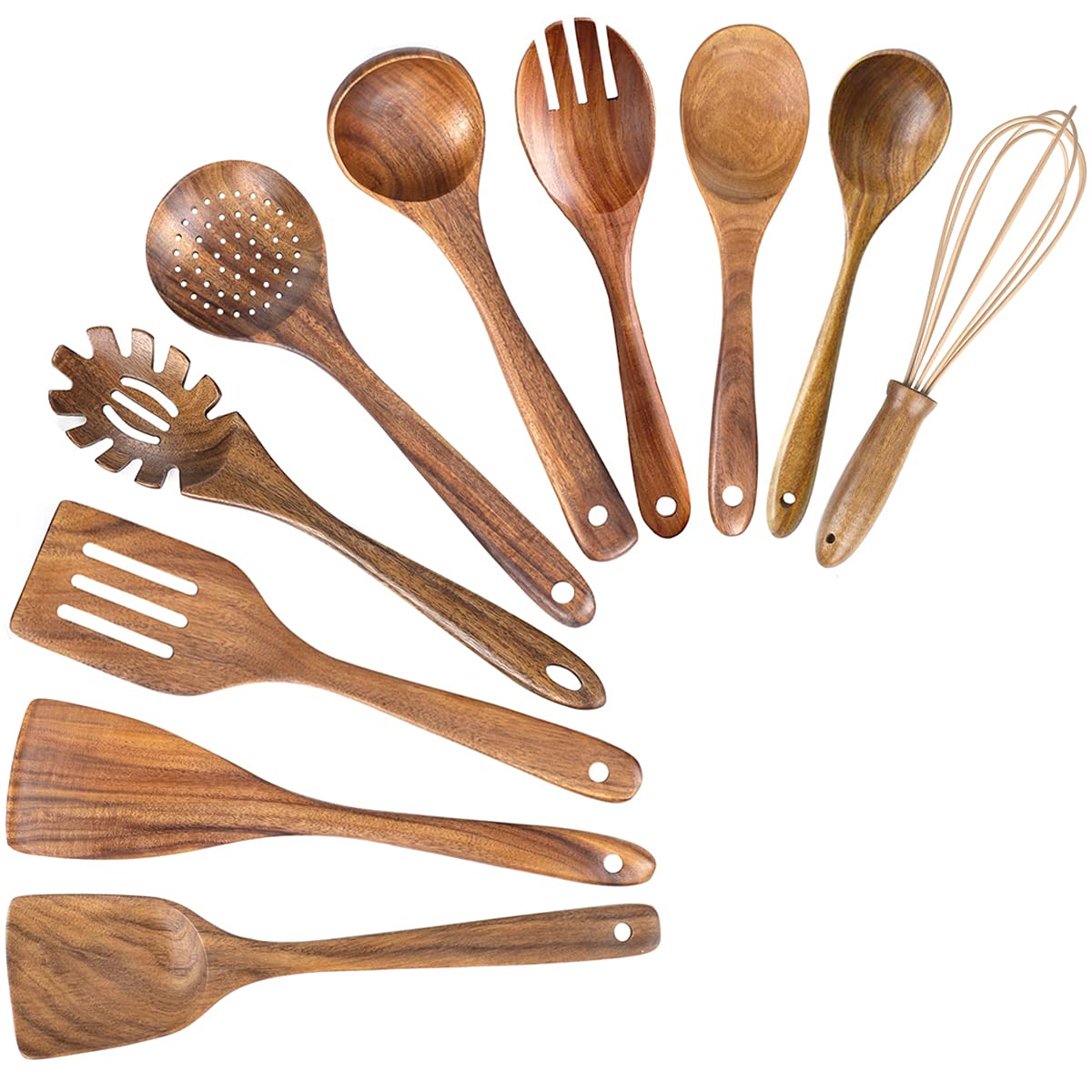AIUHI 10 Pack Wooden Spoons for Cooking, Teak Wood Kitchen Utensils Set for Non Stick Use, Spatula Set for Stirring, Baking, Non Stick Wooden Utensils for Kitchen