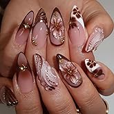 French Tips Press on Nails Medium Almond Nails Press on with 5D Flower Charm Design Glossy Brown Glue on Nails Water Ripple R