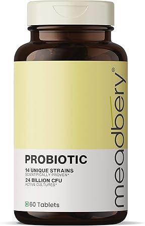 Meadbery Probiotic 24 Billion CFU for Women, Men and Adults, Natural, Shelf Stable Probiotic Supplement with Delayed Release Nano Technology, Organic Probiotic, Acidophilus Probiotic (60 Tablets)