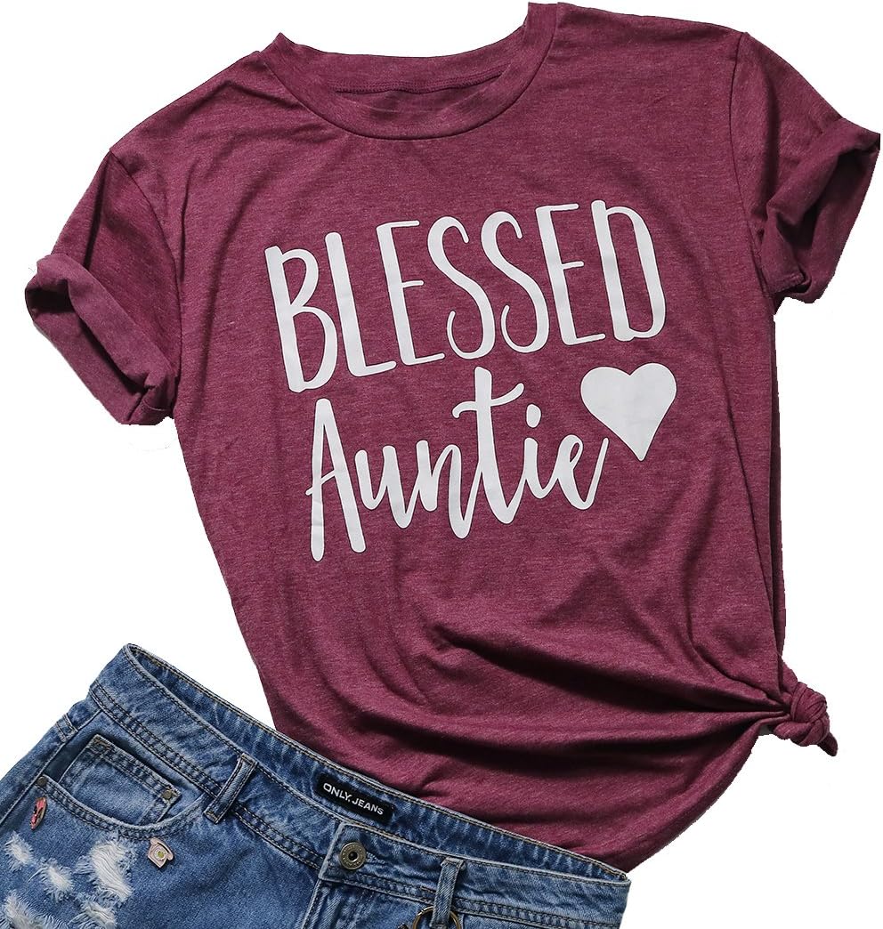 Women Blessed Auntie Shirt Cute Love Heart Print Aunt Life Casual T Shirt Gifts Tee Tops