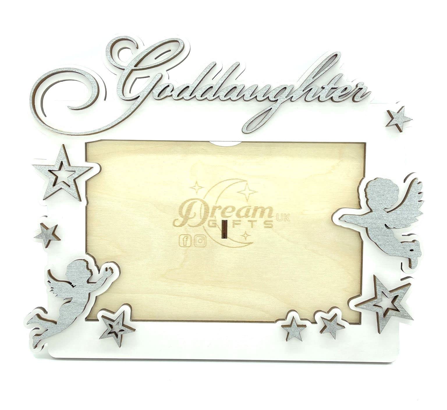 Goddaughter Hand Made Baby Gift Idea Wooden Photo Frame for Tabletop or Wall (Silver)