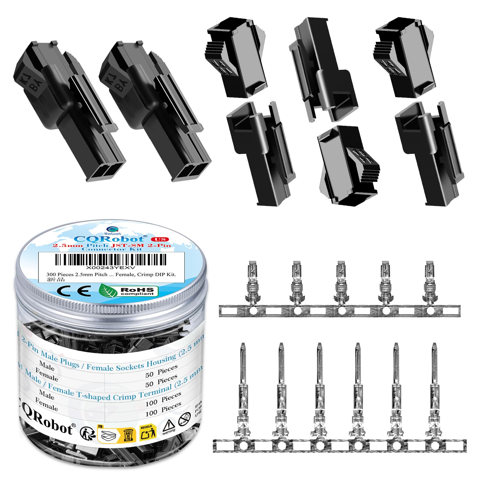 CQRobot JST SM 2.5 mm Pitch 2-Pin Electronic Connector IC Male Plugs, Female Sockets Housing and Male/Female T-Shaped Crimp Terminal Kit. 50 Sets/300 Pieces Wire-Wire Adapter Cable Assembly.