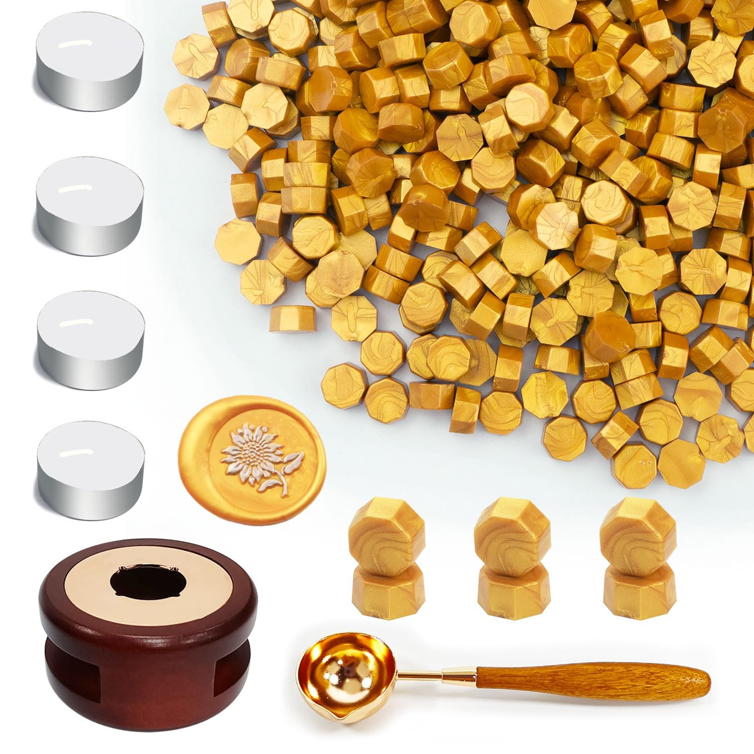 Ioggtser Wax Seal Beads Kit with 400PCS Gold Beads, Warmer, Melting Spoon, 4 PCS Candles for Wedding Envelope