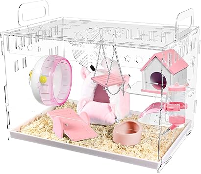 Amazon Morsen ハムスターケージ ハムスターハウス 組立式 アクリル製 ブランコ シーソー ハウス 寝袋 バスルーム 食器 回し車 給水器 飼育ケージ 大型透明ケージ 小動物専用ケージ ペットグッズ トレーデザイン お掃除しやすい 通気性抜群 通風よく 幅広い 持ち運び