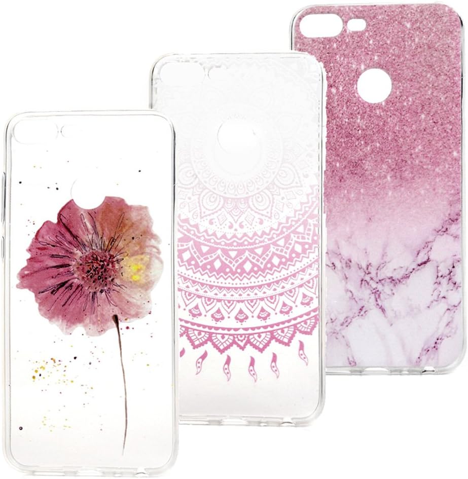 3X Case for Huawei Honor 9 Lite, Transparent Cover TPU Silicon Rubber Lightweight Flexible Shockproof Bumper Protective Shell - Marble, Totem, Flower