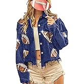 SeekMe Women's Cropped Corduroy Jacket Football Sequin Patched Short Button Raw Hem Jacket Coat