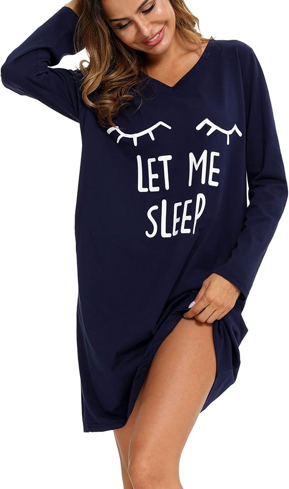 ENJOYNIGHT Women's Cotton Sleepwear Nightgown Long Sleeves Print Sleep