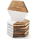 ZENFUN Set of 6 Marble Wood Coaster, Hexagon Geometric Coasters, Handcrafted Marble Coasters Set for Your Drinks and Beverages, Tea, Coffee, Wine/Bar Glasses, Tabletop Protection Helper