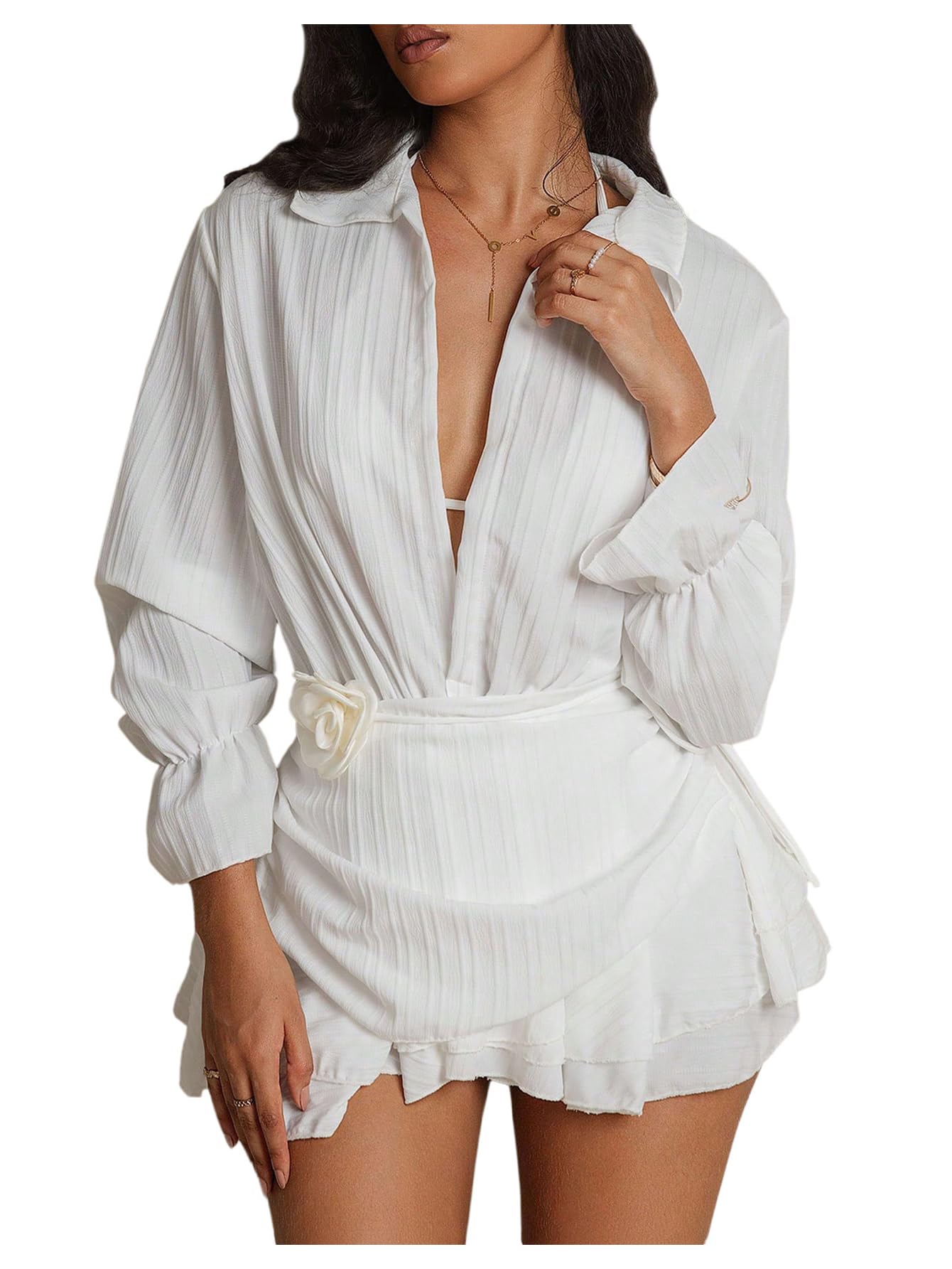 Photo 1 of ***(STOCK PHOTO FOR REFERENCE ONLY/ ITEM WILL DIFFER)***SHENHE Women's Swimsuit Cover Up Long Sleeve Deep V Layered Ruffle Beach Dress Coverups White Medium