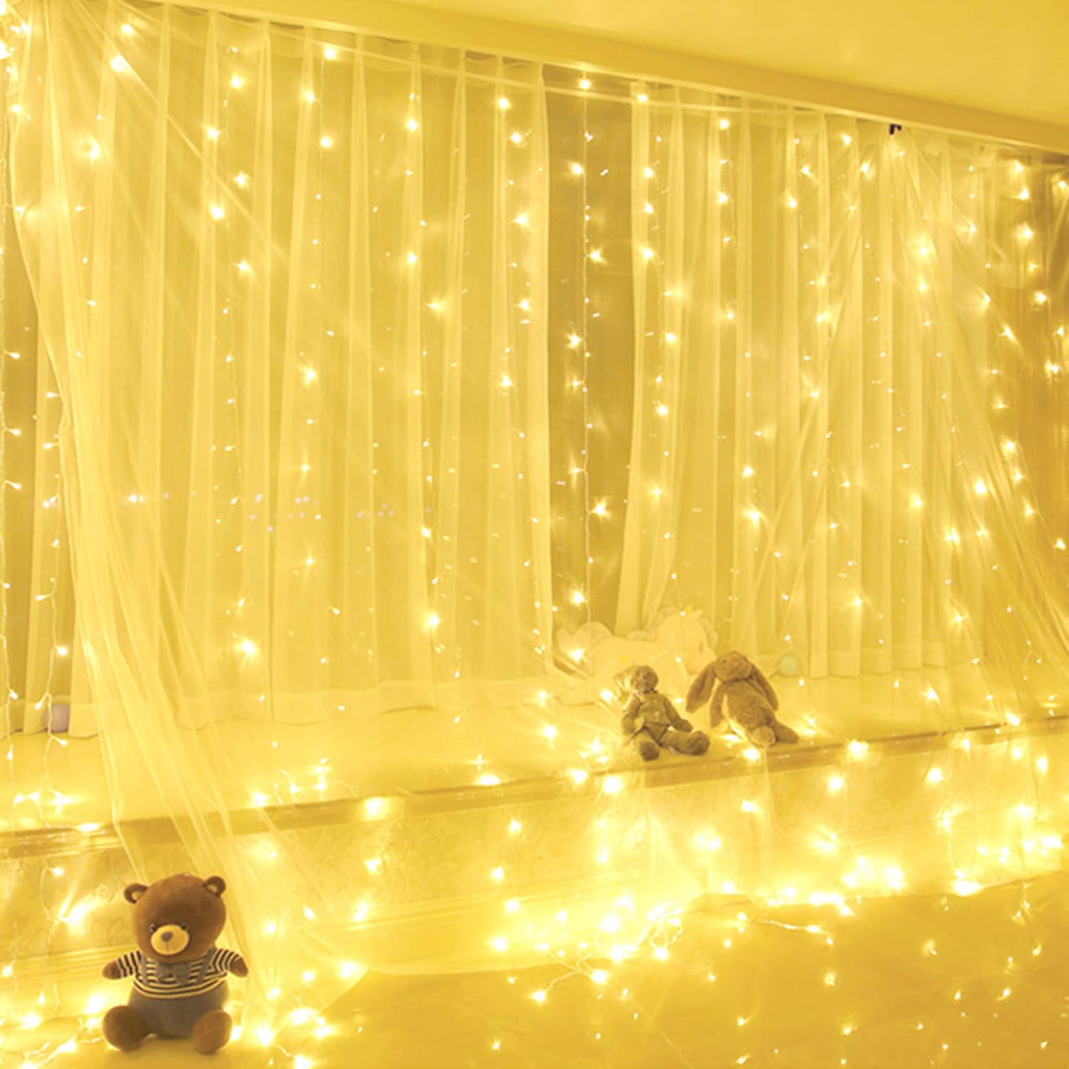 Yizhet Curtain Lights 3m x 3m, 300 LED Curtain Fairy Lights, Warm White, 8 Modes, Waterproof