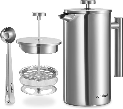 VonShef 12 Cup Cafetiere 1.5L Double Walled Stainless French Press
