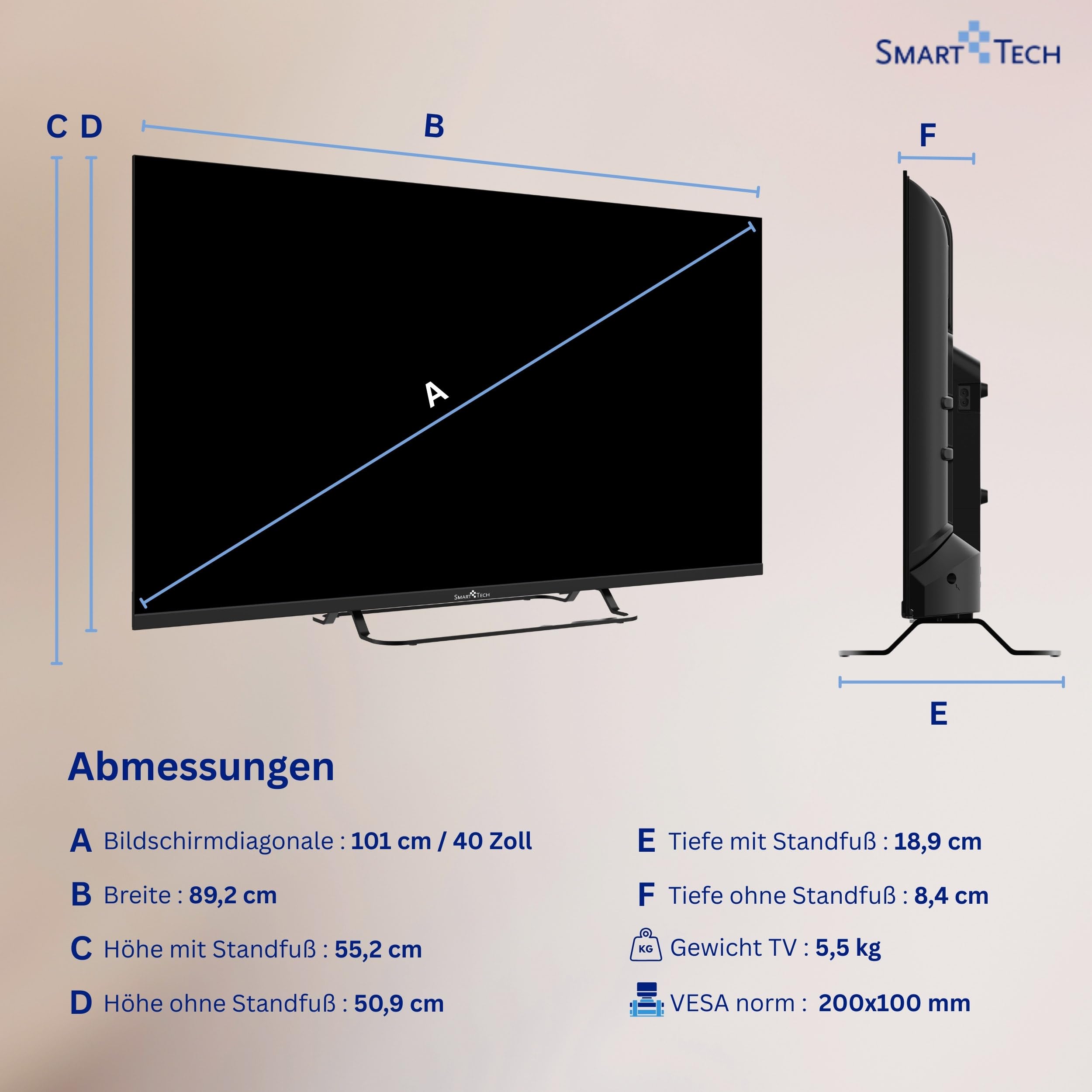 Smart Tech 40FV02V Fernseher 40 Zoll Smart TV VIDAA - Fernseher mit Full HD Auflösung, Bluetooth und Triple-Tuner, LED TV (2026) 3