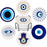 Zubebe Set of 6 Ceramic Evil Eye Coasters with Holder Evil Eye Blue Coasters for Drinks Round Absorbent Cup Mat with Cork Base for Home Table Decor Desk Kitchen Accessories, 4 Inch