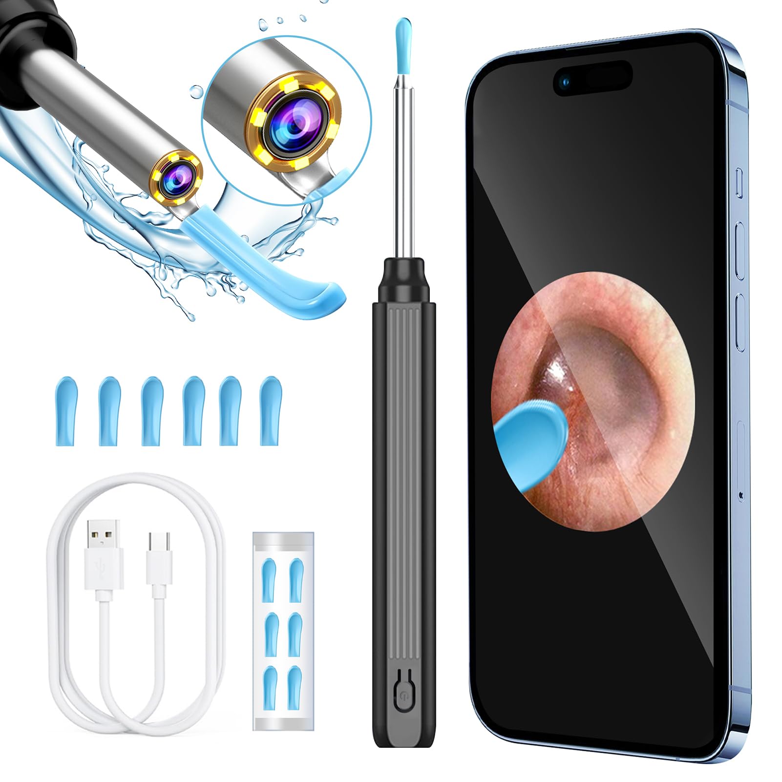 Pumwoy Wireless Ear Otoscope, Wireless Ear Cleaner Ear Camera, Smart Visual Ear Cleaner, HD Waterproof, Ear Endoscope Camera Ear Wax Removal for Adults, Children, Pets (Black)