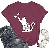 Cat Shirts for Women Butterfly Tee Shirts Womens Cute Butterfly Cat Graphic Print Tops