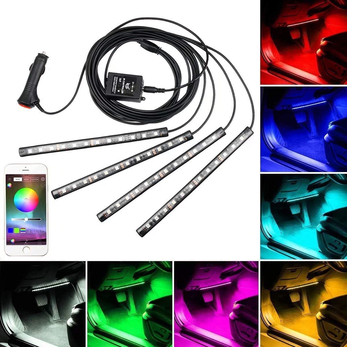 Car LED Strip Lights, 4pcs 48 LED Bluetooth App Controller Interior Lights Multi Color Music Car Strip Light Under Dash Lighting Kit with Sound Active Function for iPhone Android Smart Phone