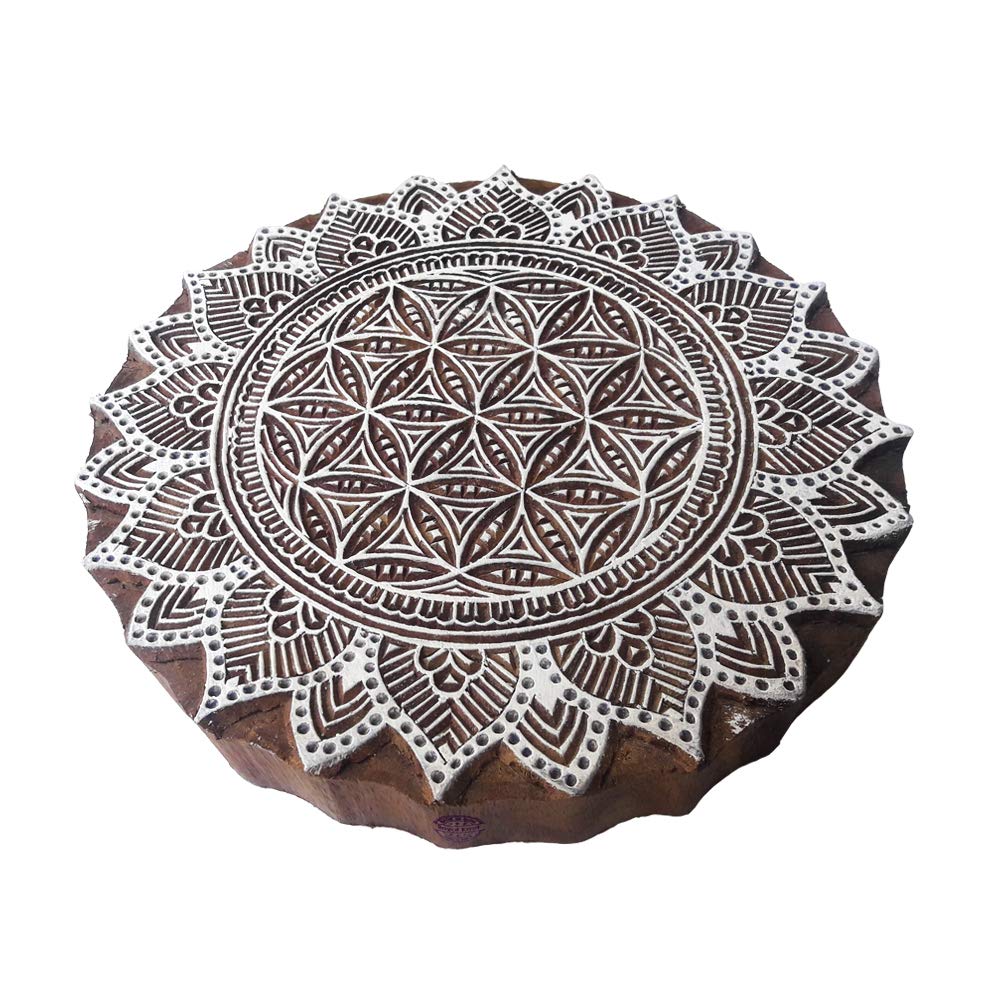 5 Inch Popular Large Printing Block Mandala Round Pattern Big Wooden Stamp