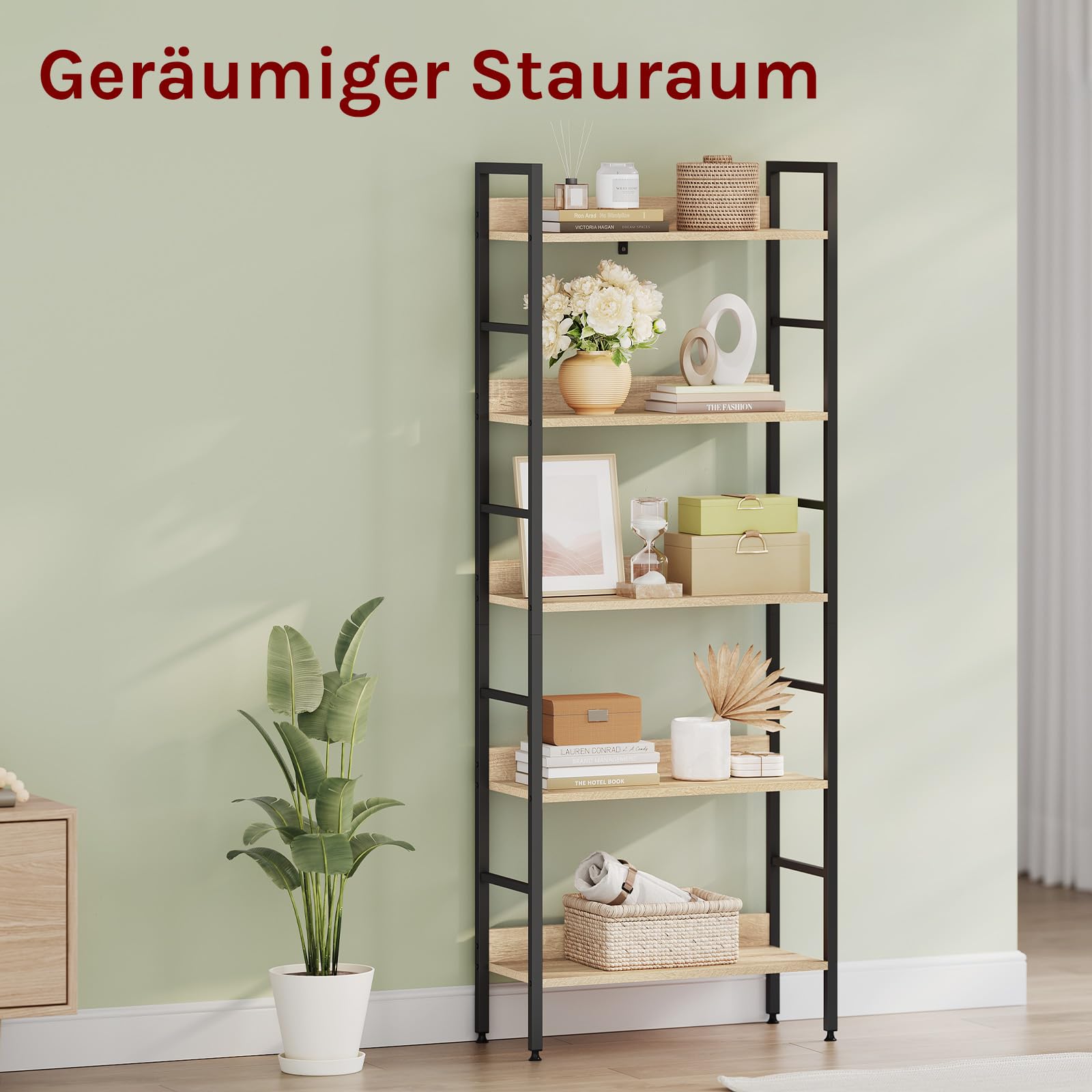 WOLTU Bücherregal, offenes Standregal mit 5 Ebenen, stehendes Regal für Wohnzimmer Schlafzimmer Arbeitszimmer, 60x160x27,5 cm, Schwarz + Helle Eiche 6
