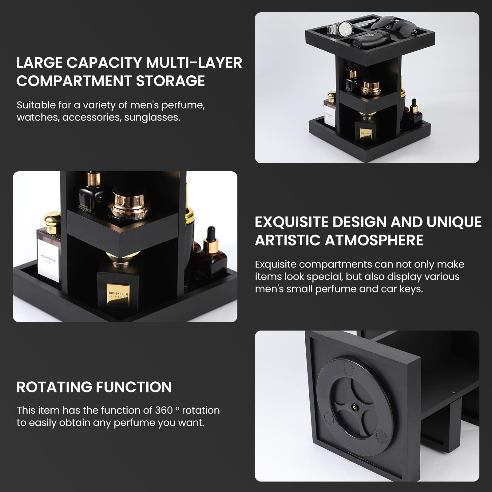 EXIN DECHEN Cologne Organizer for Men,Cologne Stand,3 Tier Large Capacity Wood Perfume Shelf with Rotate,Desk & Nightstand Organizer,Mens Husband Birthday Gifts Ideas,Christmas Gifts for Men(Black)