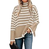 ZESICA Women's Winter Sweaters Casual Turtleneck Long Sleeve Striped Side Slit Loose Pullover Sweater Jumper Tops