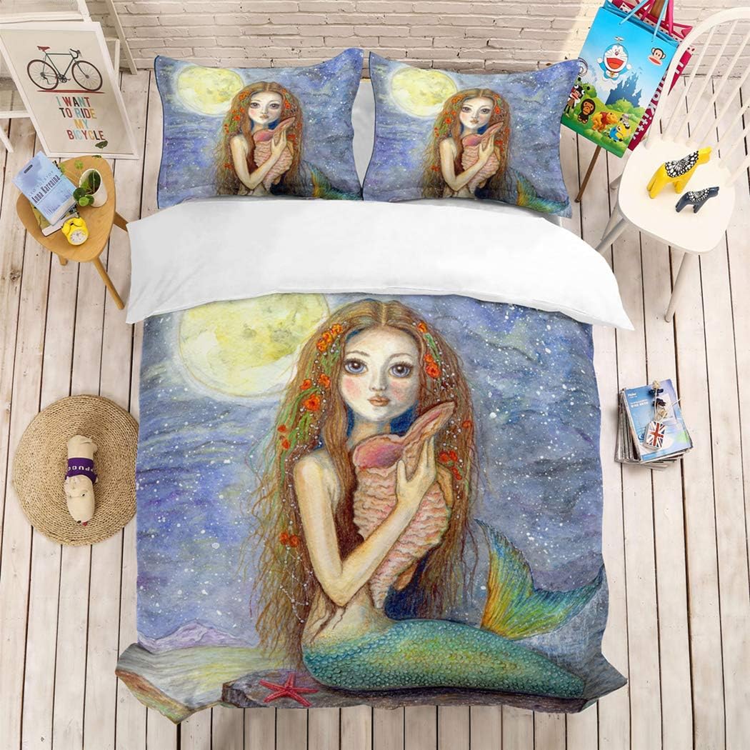HoYoo Cartoon Anime Mermaid 3D Printed Halloween Bedding Set Girls Room Decoration 3 Piece Duvet Covers Bedclothes Pillowcases Comforter Bed Linen Twin Full King Queen Size (#8,Twin /172218cm)